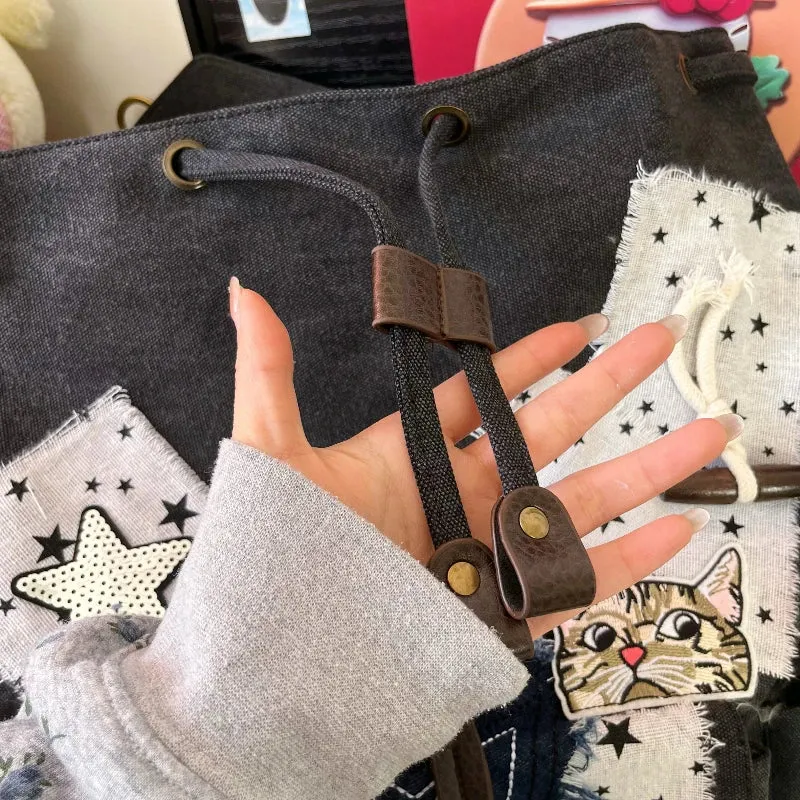 Uakiss Vintage Harajuku Y2k Aesthetic Backpack Women Students Denim Star Letter Embroidery Schoolbags Patchwork High-capacity Backpacks