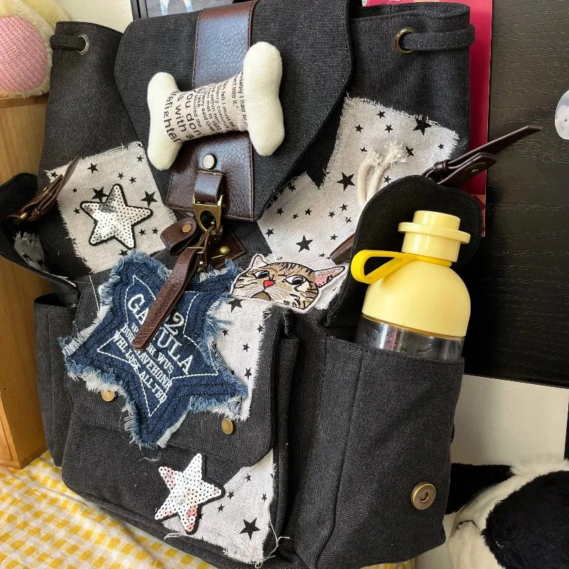 Uakiss Vintage Harajuku Y2k Aesthetic Backpack Women Students Denim Star Letter Embroidery Schoolbags Patchwork High-capacity Backpacks