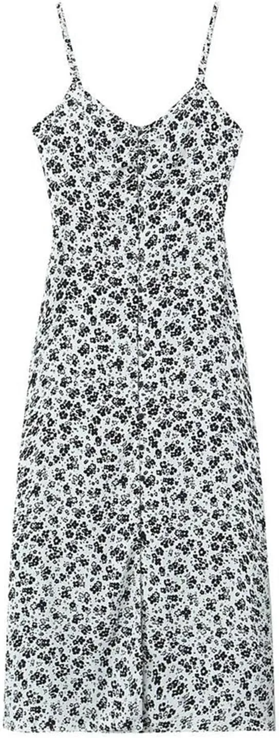 Women'S Slim Fit V-Neck Sleeveless Backless Flower Print Sexy Slim Spaghetti Strap Mid-Calf Length Dress