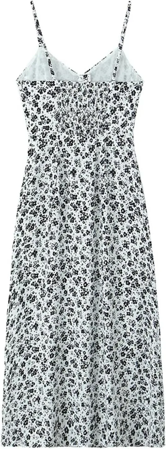 Women'S Slim Fit V-Neck Sleeveless Backless Flower Print Sexy Slim Spaghetti Strap Mid-Calf Length Dress
