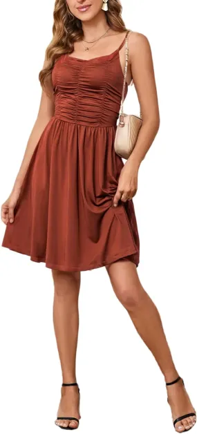 Yajedo Womens Summer Casual Sundress Spaghetti Strap Sleeveless Ruched Beach A Line Midi Dress